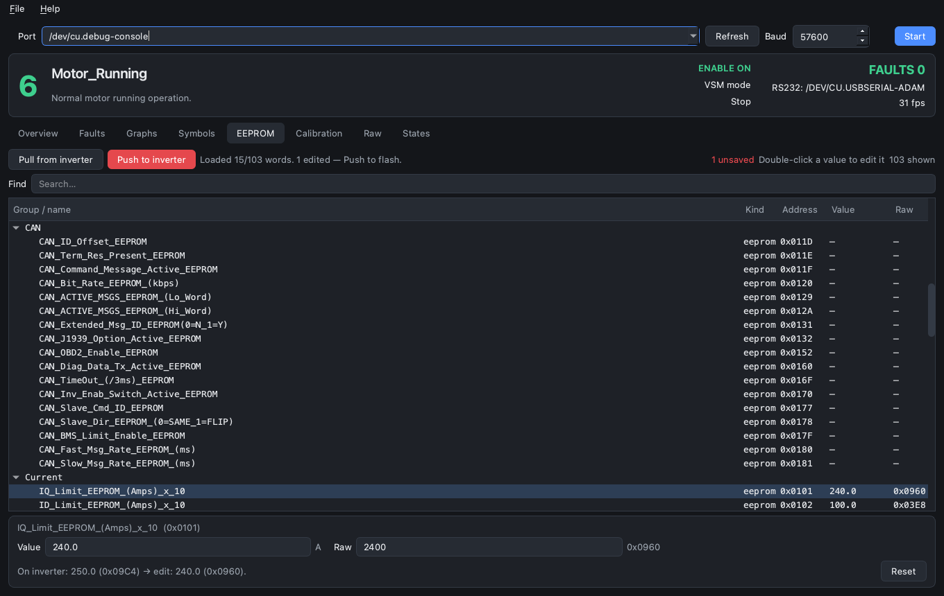 EEPROM parameter configuration tree and diff review