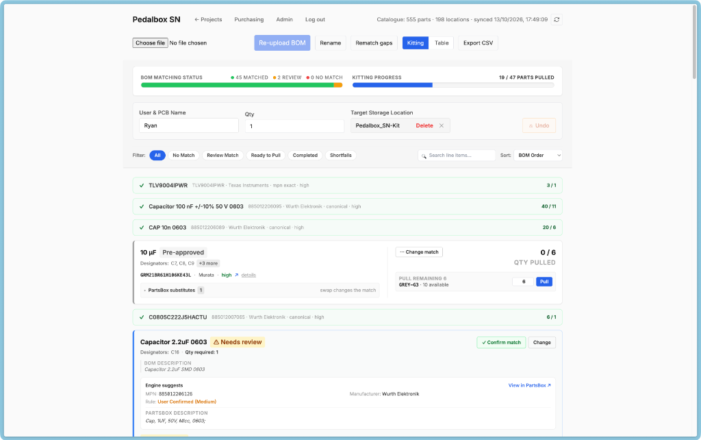 MUR kitting web application interface showing BOM matching status, kitting progress, and part review workflows