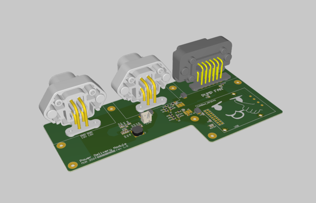 Altium 3D render of the MUR 2024 Power Delivery Module PCB