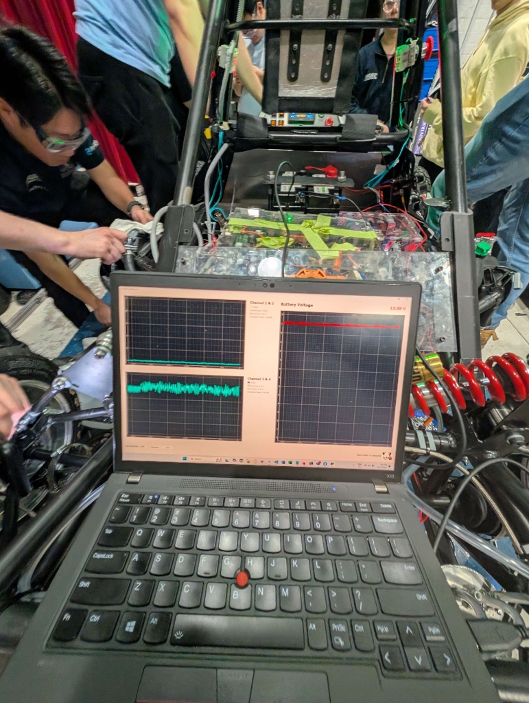 In-vehicle live bring-up and voltage telemetry logging with laptop connected to the car chassis